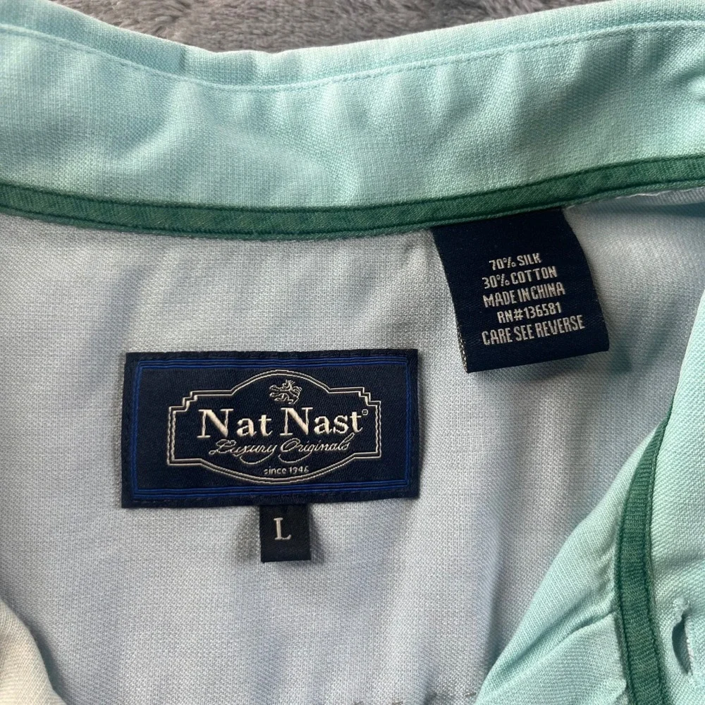 Nat Nast Button Down Shirt Mens L Seafoam Green Silk Cotton Panel Bowling Short